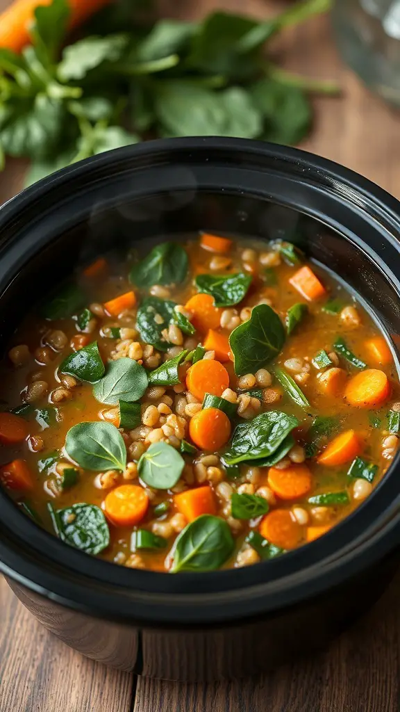 A bowl of lentil soup with spinach and carrots in a crockpot.