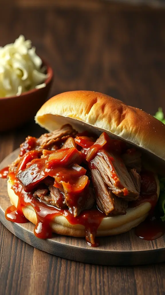 A BBQ pulled pork sandwich with sauce on a wooden plate, accompanied by a bowl of coleslaw.