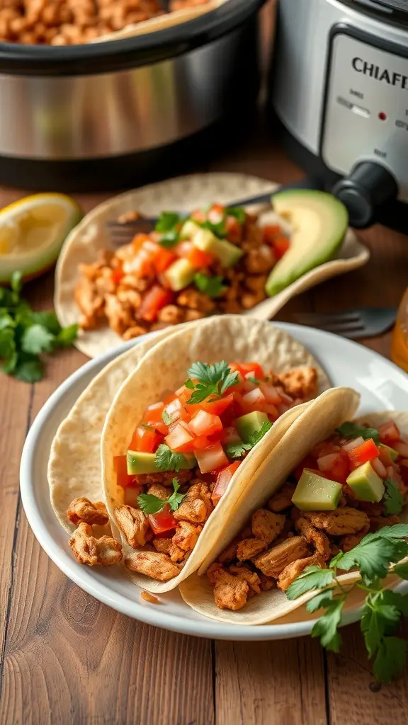 Spicy chicken tacos with homemade salsa on a plate, with a crockpot in the background.