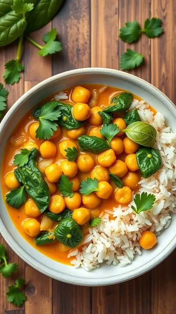 A bowl of Coconut Curry Chickpeas with Spinach served over rice, garnished with fresh herbs.