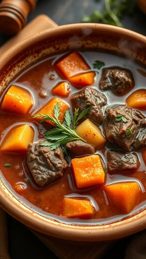 A bowl of hearty beef stew with root vegetables, featuring chunks of beef, carrots, and potatoes in a rich broth.