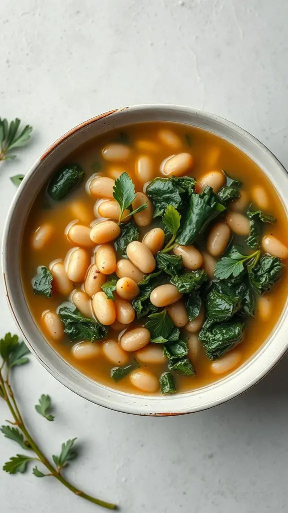 A bowl of Tuscan White Bean and Kale Soup with white beans, kale, and herbs.