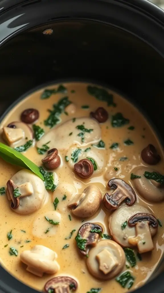 Creamy mushroom and spinach chicken in a slow cooker