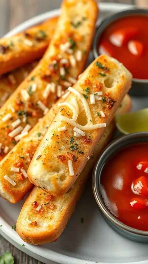 Plate of cheesy garlic breadsticks served with marinara sauce