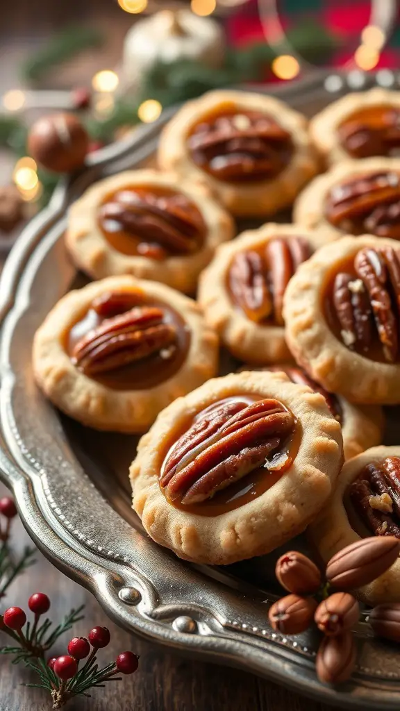 A silver platter filled with pecan pie cookies topped with caramel and pecans.