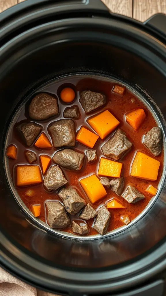 A close-up view of beef stew with root vegetables in a multicooker.