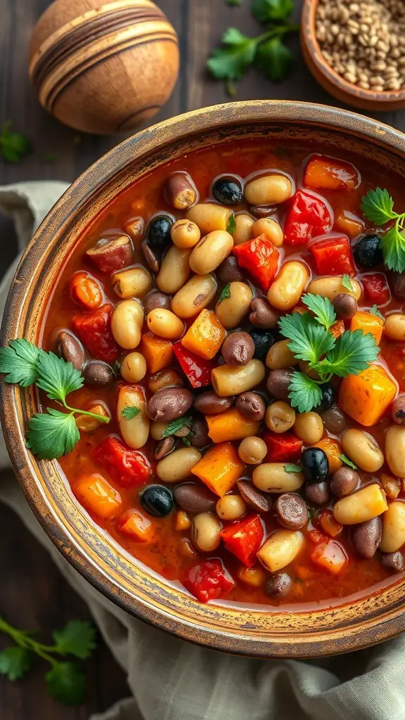 A bowl of vegetarian chili loaded with various beans and colorful vegetables.