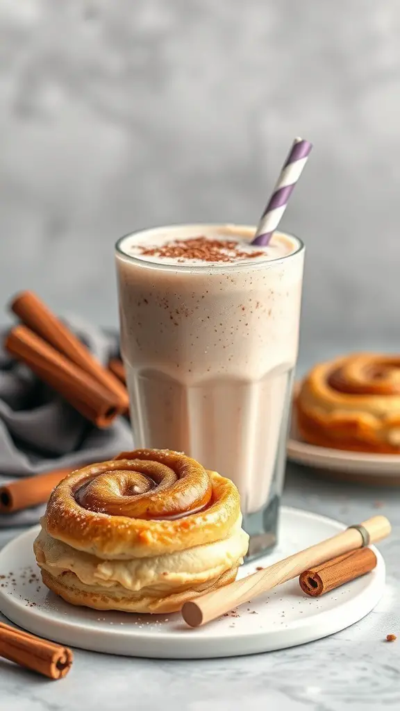 A delicious cinnamon roll smoothie served in a glass with a cinnamon roll on the side.