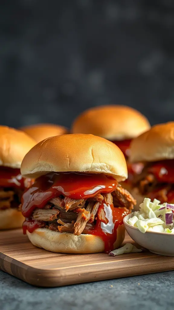 BBQ pulled pork sliders on a wooden board with coleslaw on the side
