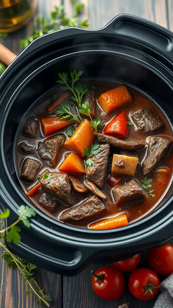 A hearty beef stew with vegetables in a can cooker.