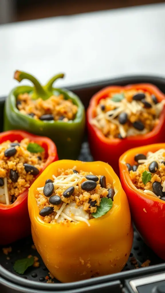 Colorful stuffed bell peppers filled with quinoa and black beans in an air fryer.