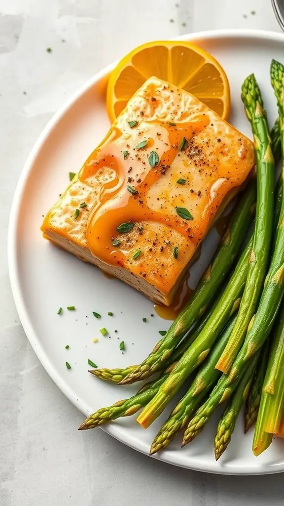 Honey mustard glazed salmon with asparagus and lemon on a white plate.