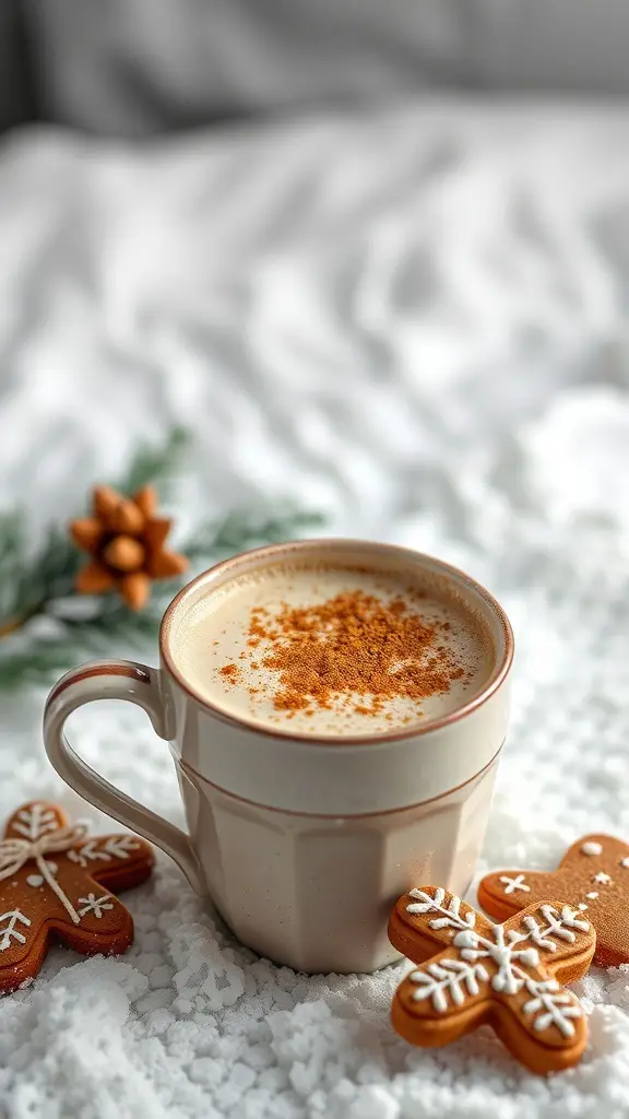 A cozy Gingerbread Latte in a mug with gingerbread cookies on a snowy surface.