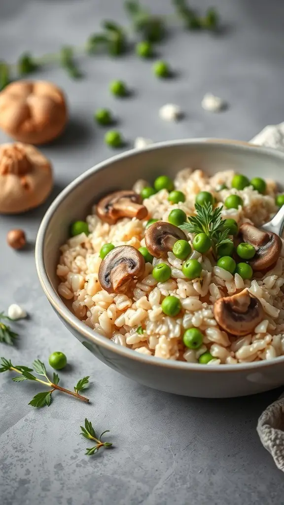 A bowl of mushroom risotto with peas, garnished with fresh herbs.