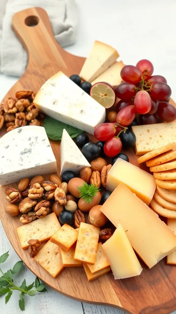 A beautifully arranged cheese and crackers platter featuring various cheeses, nuts, and fruits.