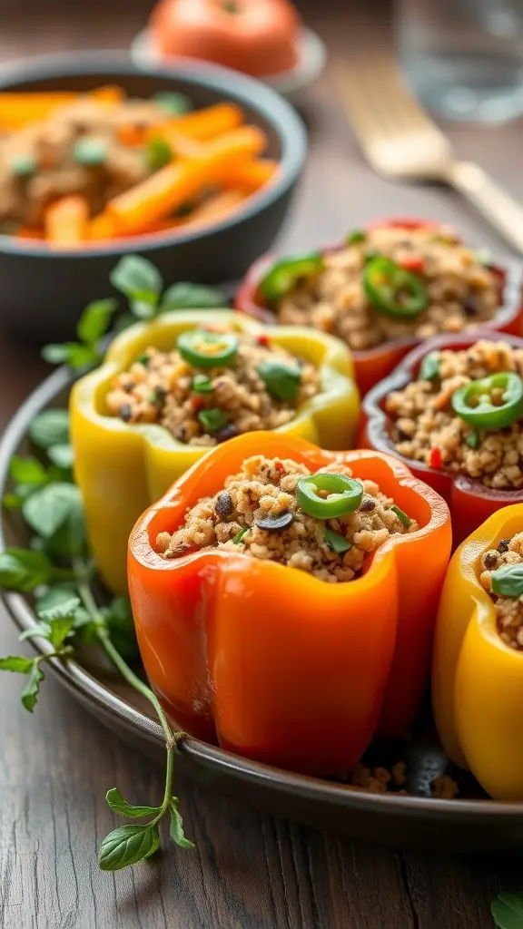 A plate of colorful vegetarian stuffed peppers filled with grains and beans, garnished with green onions.