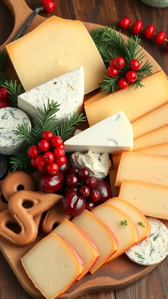 A festive charcuterie board featuring various cheeses, garnished with red berries and greenery.