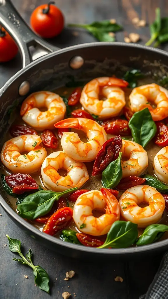 A skillet filled with creamy garlic Tuscan shrimp, spinach, and sun-dried tomatoes.