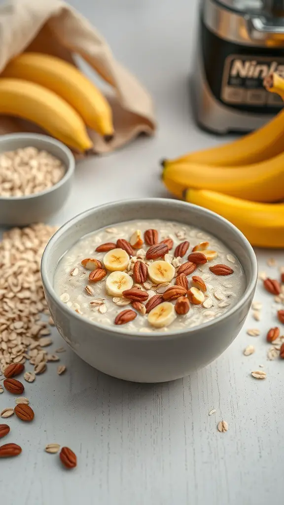 A bowl of Nutty Banana Oatmeal topped with sliced bananas and nuts, with bananas and oats in the background.
