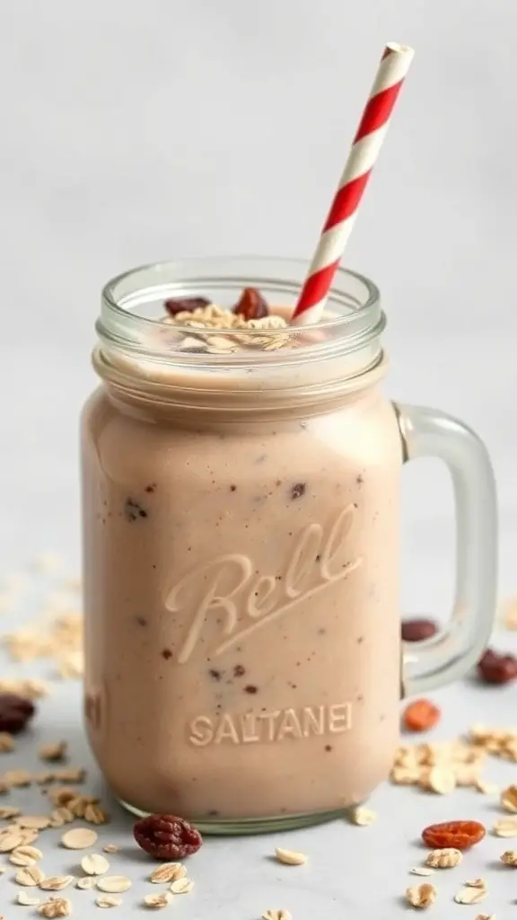 A delicious Oatmeal Raisin Cookie Smoothie in a glass jar with a red and white striped straw, topped with oats and raisins.