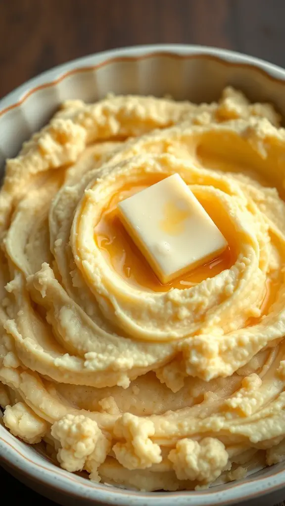 A bowl of cheesy cauliflower mash topped with a pat of butter.