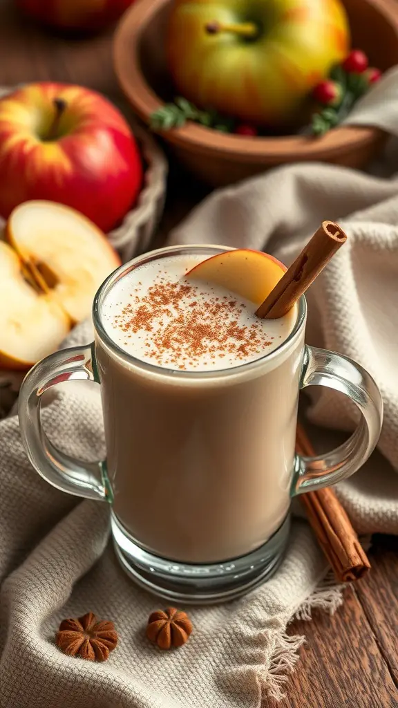 A creamy apple cinnamon smoothie in a glass, garnished with apple slice and cinnamon stick, surrounded by fresh apples.
