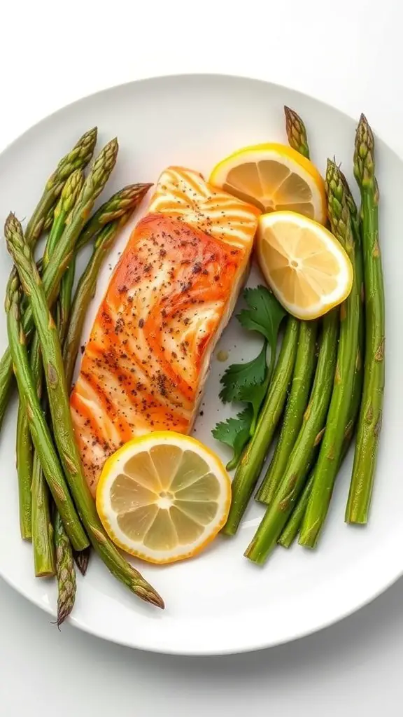 Baked salmon fillet with asparagus and lemon slices on a white plate.
