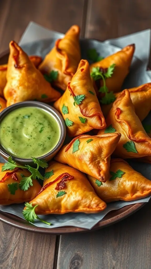 A plate of golden vegetable samosas with green chutney