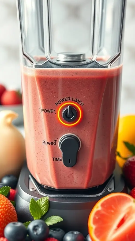 A close-up of a smoothie blender with power and speed settings visible, surrounded by fresh fruits.