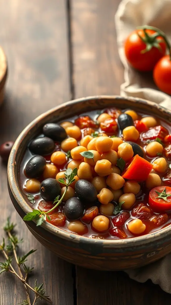 A bowl of Mediterranean Chickpea Stew with chickpeas, black olives, and fresh vegetables.