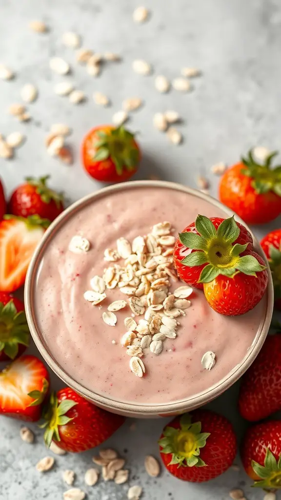 A bowl of strawberry oatmeal smoothie topped with oats and fresh strawberries, surrounded by more strawberries.