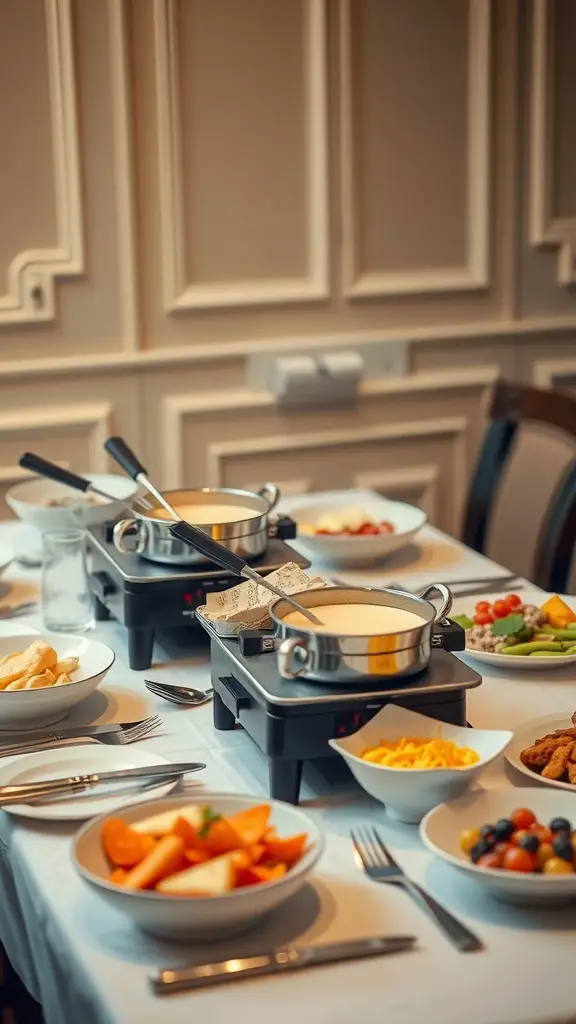 A beautifully arranged fondue dinner table with two pots and various dipping ingredients.