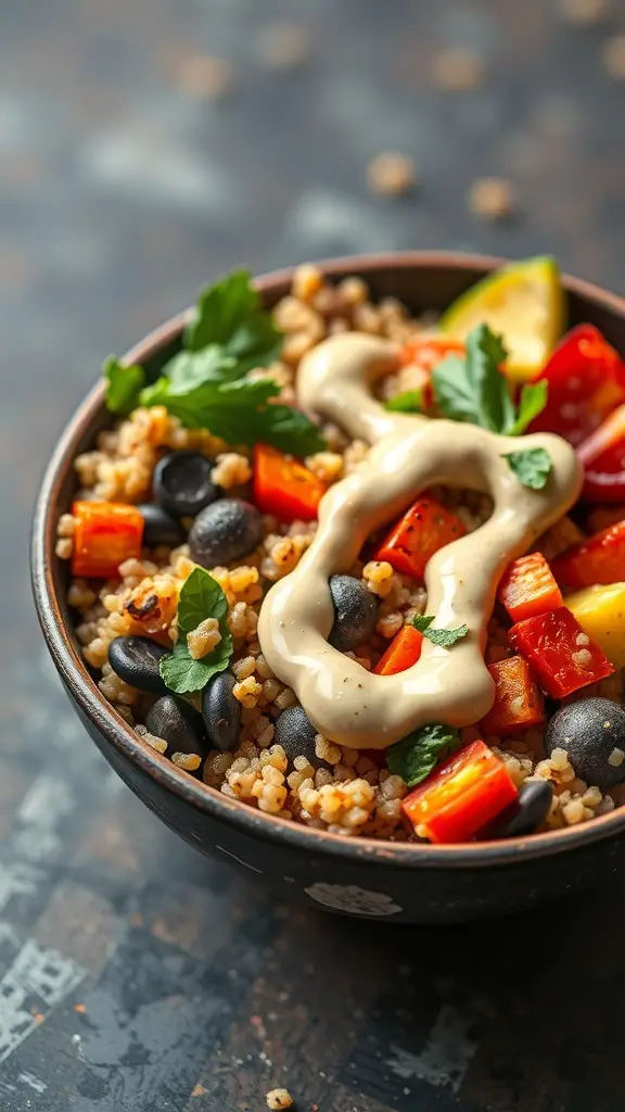 A bowl of roasted vegetable quinoa with black beans, red peppers, and a creamy sauce.