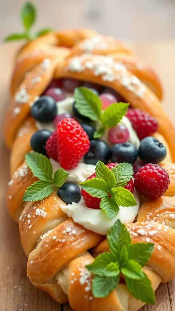 A braided puff pastry filled with cream cheese and topped with fresh berries and mint leaves.