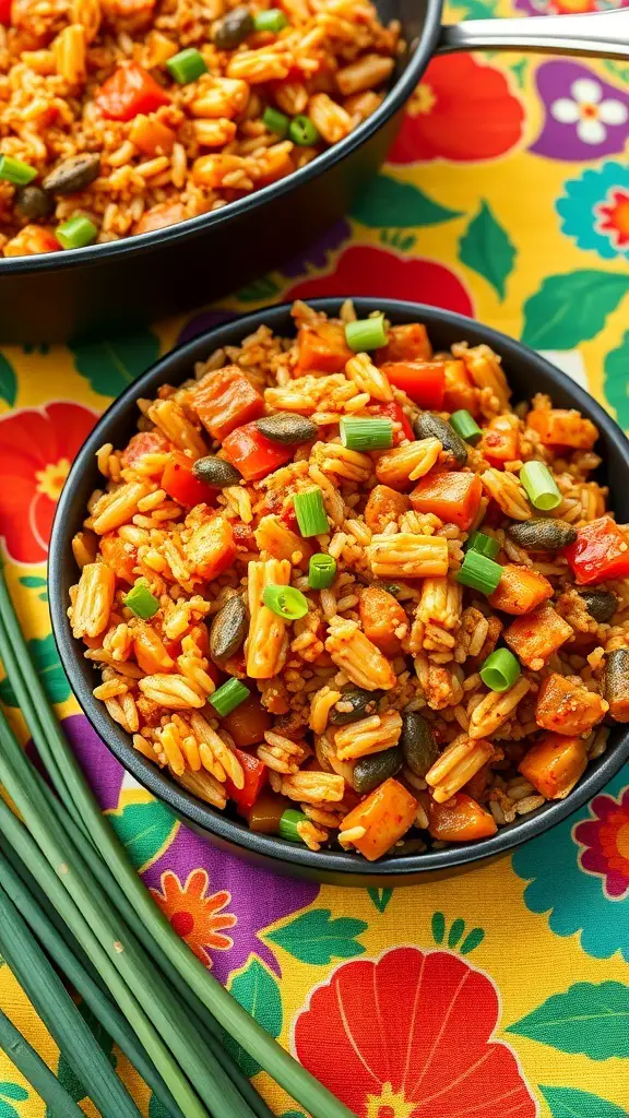 A bowl of Spicy Vegan Jambalaya Casserole with colorful rice and vegetables, garnished with green onions.