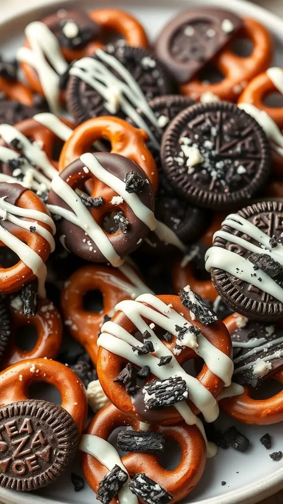 A plate of chocolate covered pretzels drizzled with white chocolate and topped with crushed Oreo cookies.