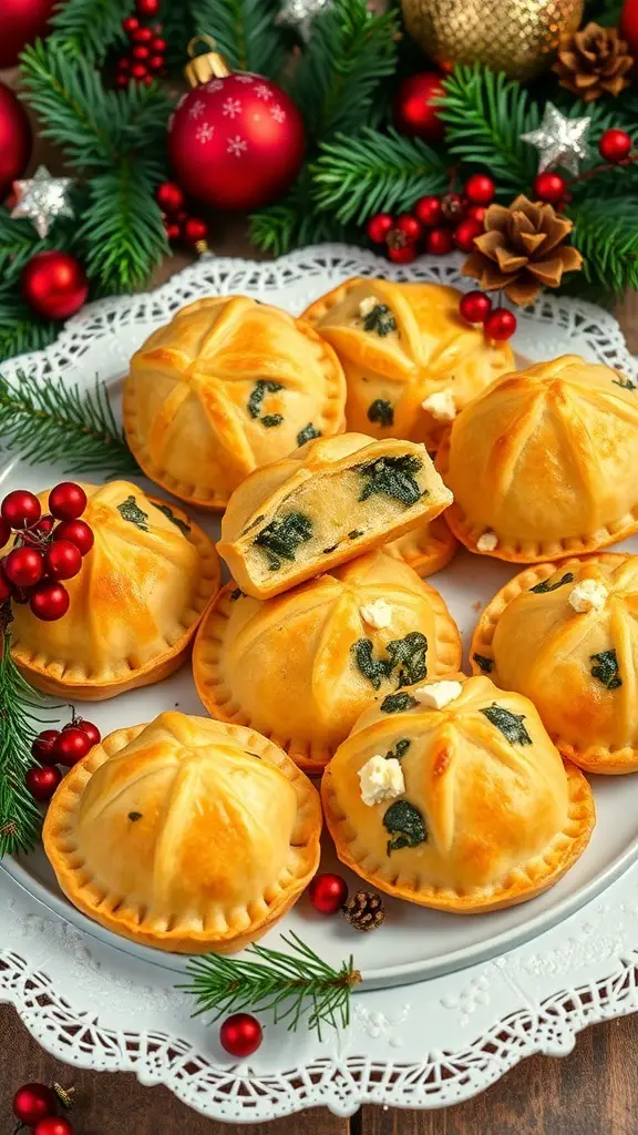 A plate of golden brown spinach and feta puffs surrounded by Christmas decorations.