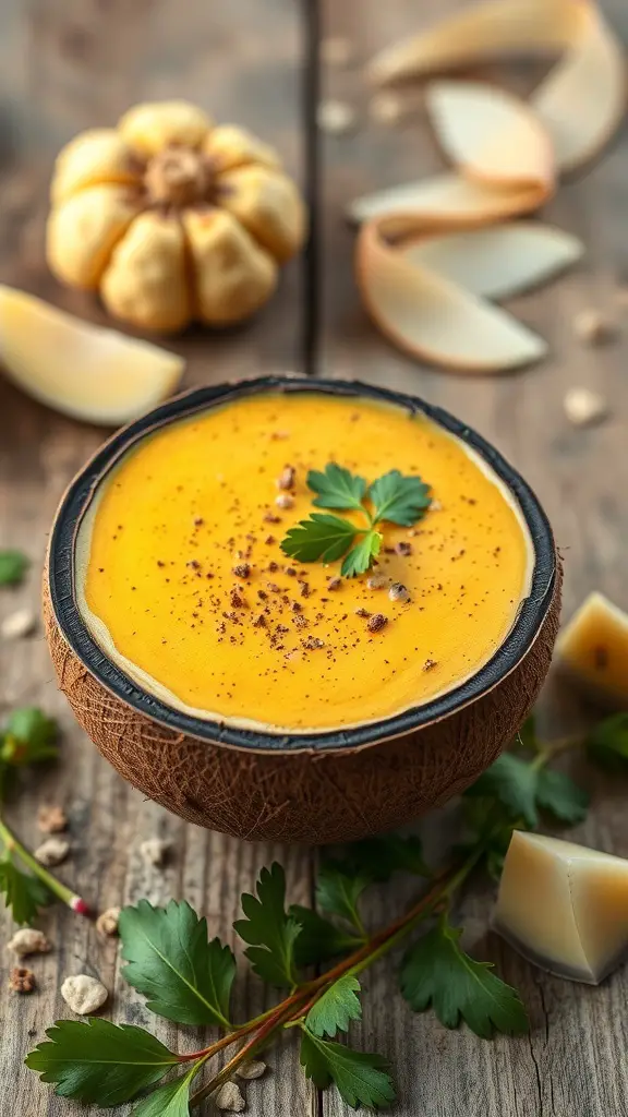 A vibrant yellow smoothie in a coconut bowl, garnished with herbs and surrounded by cauliflower and spices.