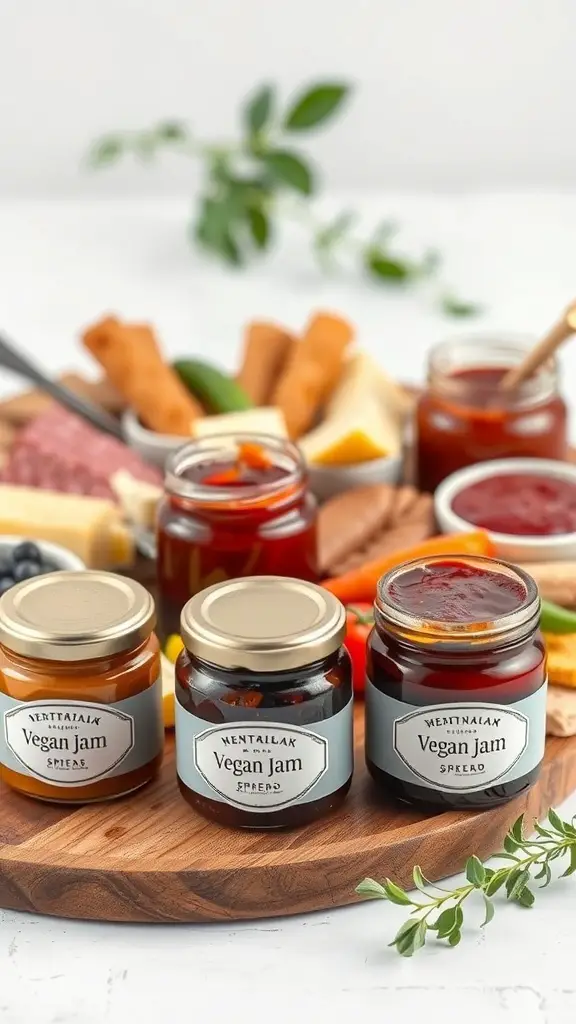 A selection of vegan jams on a wooden charcuterie board.