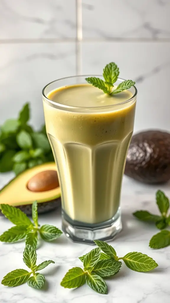 A glass of Avocado Mint Smoothie garnished with mint leaves, with an avocado and fresh mint in the background.