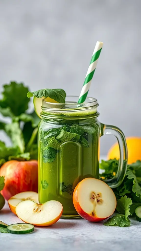 A refreshing Green Goddess Detox Juice in a mason jar with a green straw, surrounded by fresh apples and leafy greens.