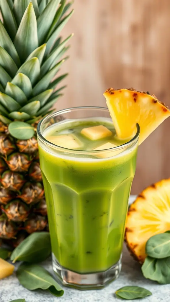 A refreshing glass of Pineapple Spinach Delight juice, surrounded by fresh pineapple and spinach leaves.