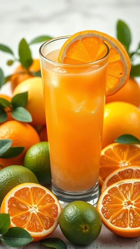 A glass of Citrus Burst Energy Juice surrounded by fresh oranges and limes.
