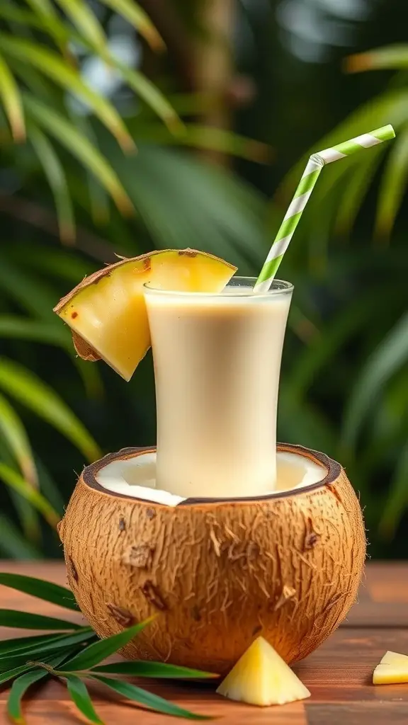 A creamy pineapple coconut drink served in a coconut shell with a slice of pineapple and a striped straw.