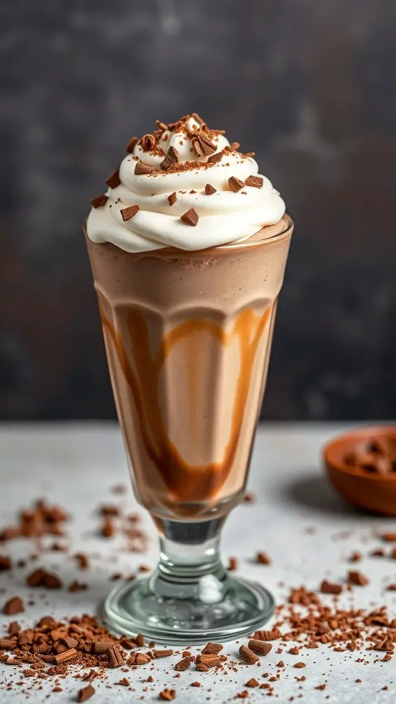 A glass of mocha mousse topped with whipped cream and chocolate shavings
