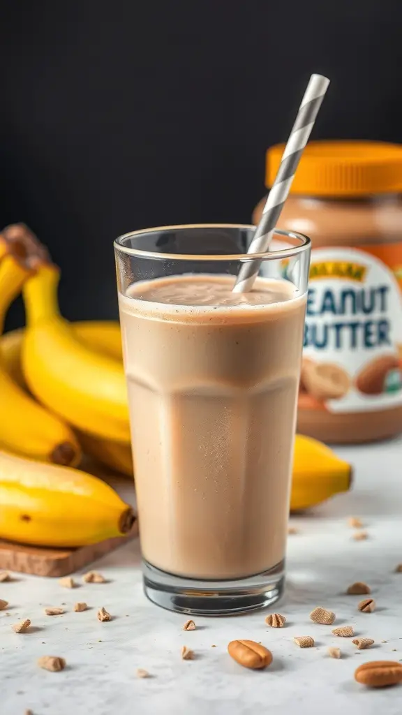 A creamy peanut butter banana smoothie in a glass with a straw, surrounded by bananas and a jar of peanut butter.