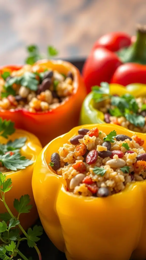 Stuffed bell peppers filled with grains, beans, and vegetables, garnished with cilantro.