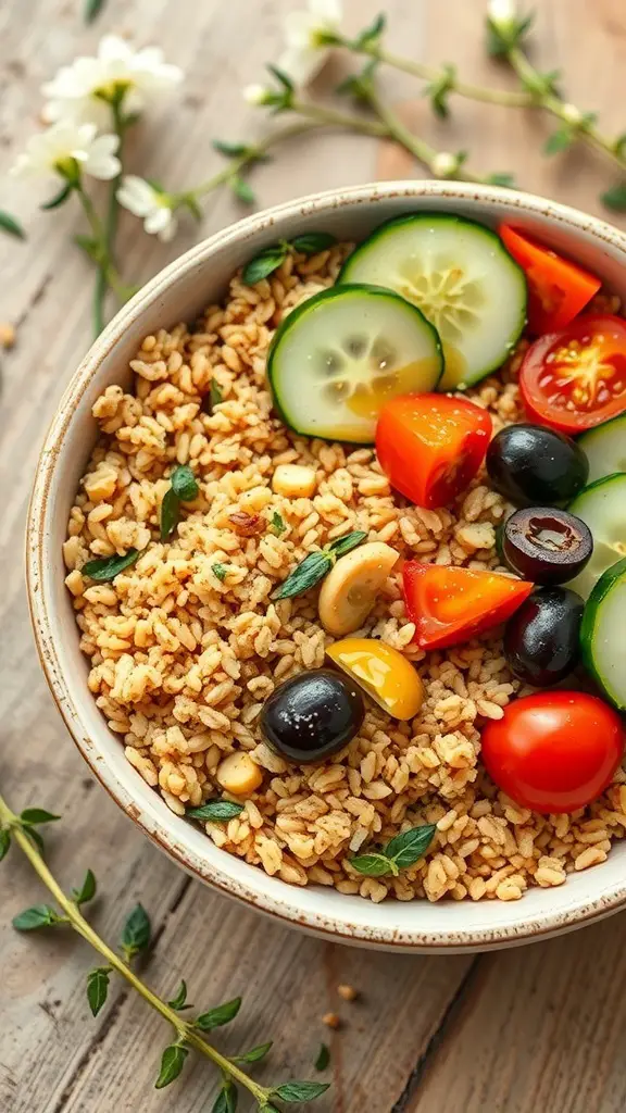 A Mediterranean grain bowl filled with grains, sliced cucumbers, cherry tomatoes, bell peppers, and olives.