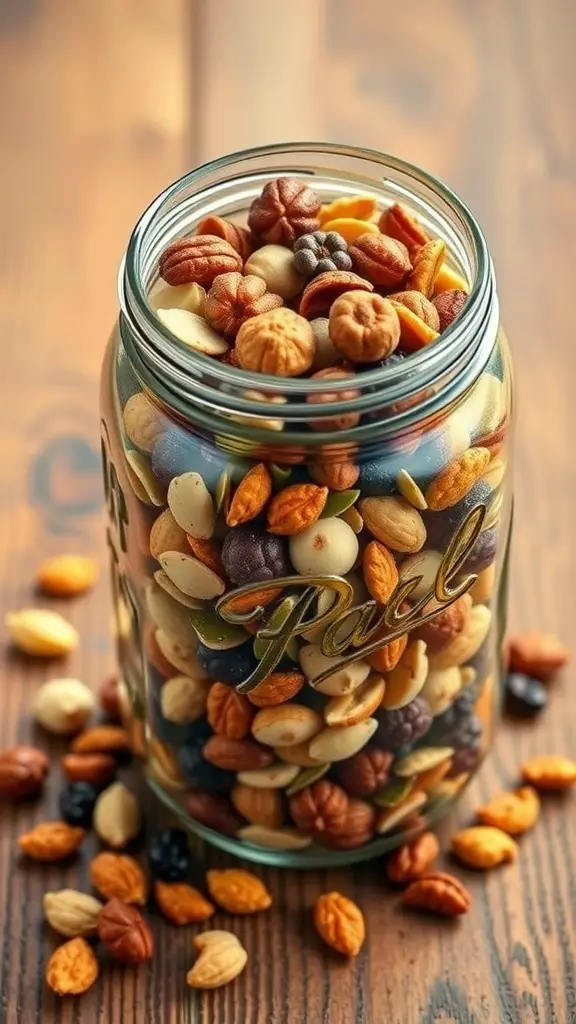 A jar filled with a colorful mix of nuts, seeds, and dried fruits on a wooden surface.