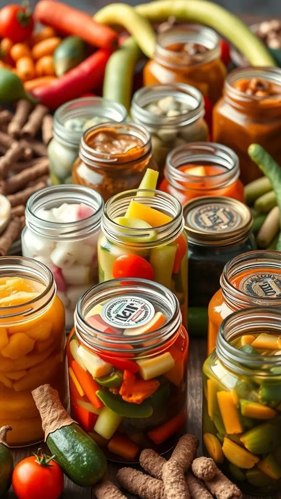 A variety of colorful pickled vegetables in jars, surrounded by fresh vegetables.